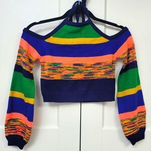 Latiste by Amy colorful striped knit crop long sleeve halter style sweater, S